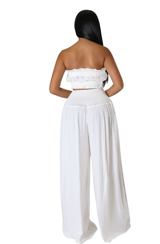 Two-Piece Flowing Wide Leg & Strapless Bralette Top Set By Claude   