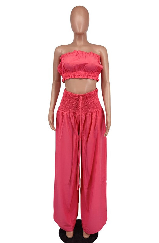 Two-Piece Flowing Wide Leg & Strapless Bralette Top Set By Claude   