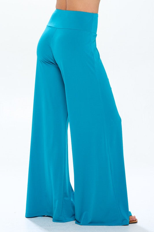 Solid Blue Straight Wide Leg Pants - Thick Waistband Renee C.   