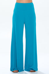 Solid Blue Straight Wide Leg Pants - Thick Waistband Renee C. TL S 