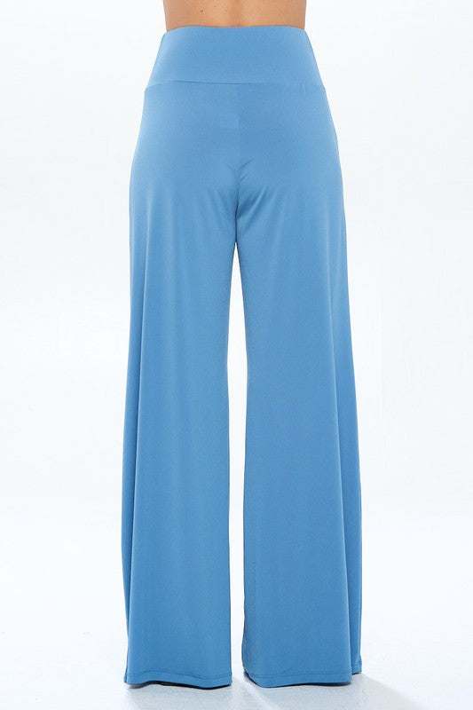 Solid Sky Blue Straight Wide Leg Pants - Thick Waistband Renee C.   