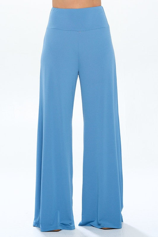 Solid Sky Blue Straight Wide Leg Pants - Thick Waistband Renee C. BL S 