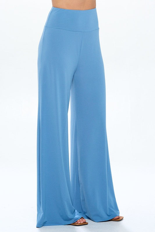 Solid Sky Blue Straight Wide Leg Pants - Thick Waistband Renee C.   