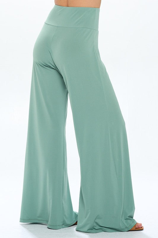 Solid Sage Straight Wide Leg Pants - Thick Waistband Renee C.   