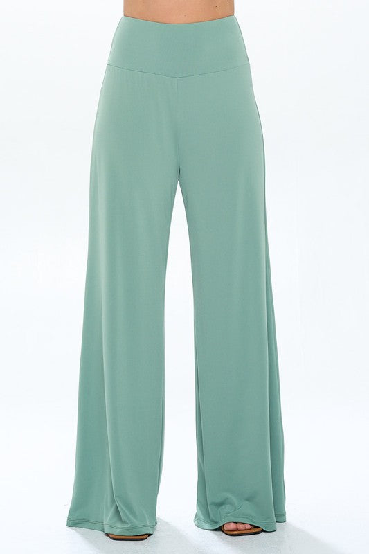 Solid Sage Straight Wide Leg Pants - Thick Waistband Renee C. Sage S 