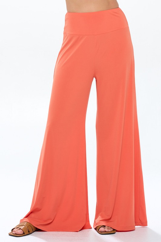 Solid Orange Straight Wide Leg Pants - Thick Waistband Renee C. OR S 