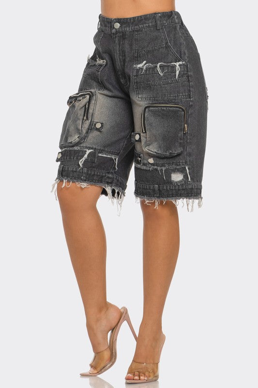 Utility-Chic Frayed Denim Casual Cargo Shorts Athina   