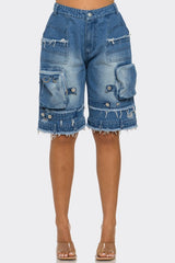 Utility-Chic Frayed Denim Casual Cargo Shorts Athina DENIM S 