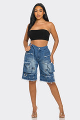 Utility-Chic Frayed Denim Casual Cargo Shorts Athina   