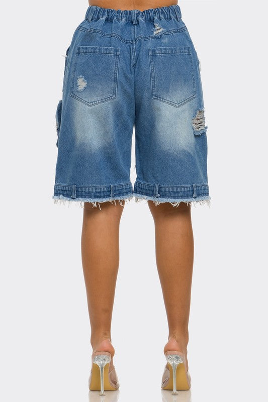 Utility-Chic Frayed Denim Casual Cargo Shorts Athina   