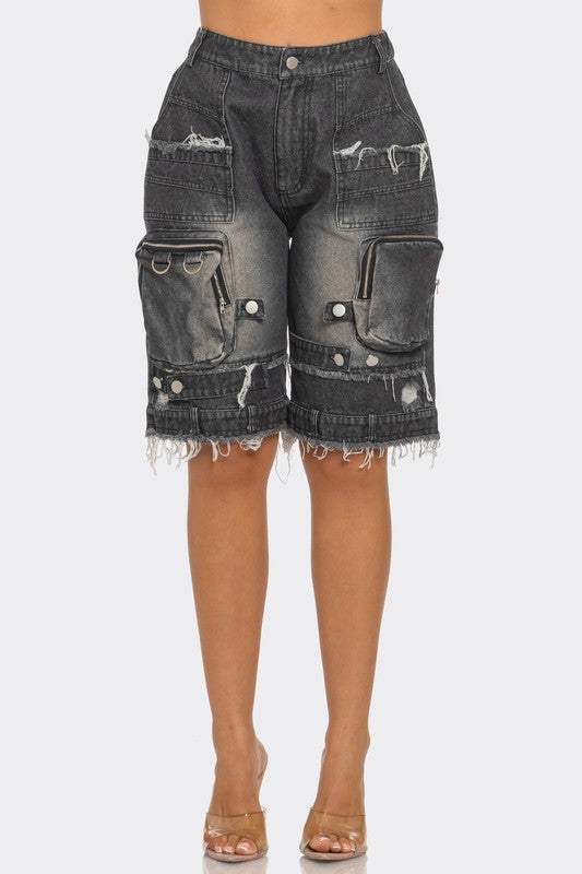 Utility-Chic Frayed Denim Casual Cargo Shorts Athina   