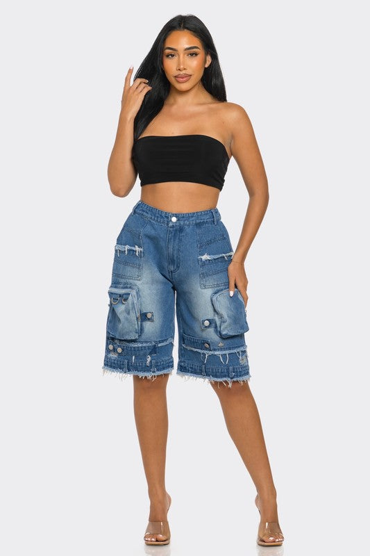 Utility-Chic Frayed Denim Casual Cargo Shorts Athina   