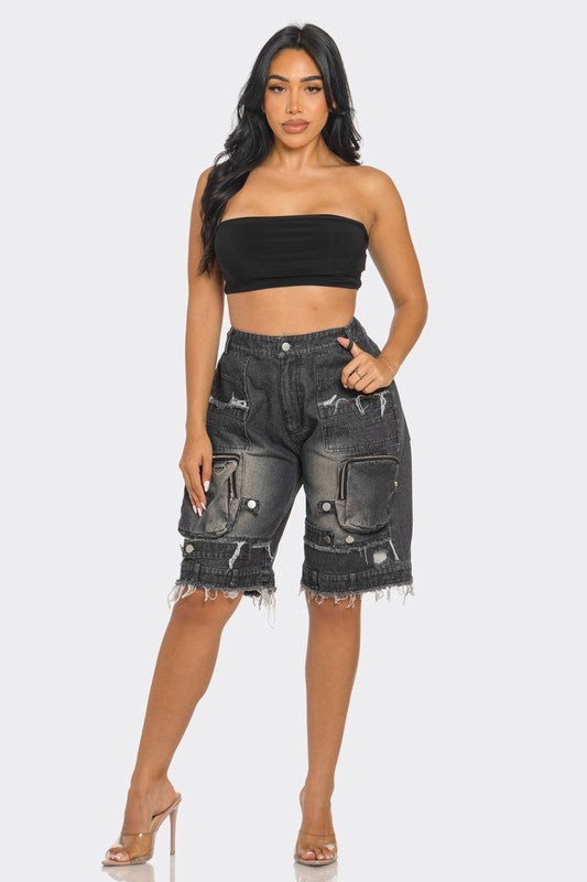 Utility-Chic Frayed Denim Casual Cargo Shorts Athina   