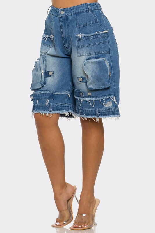 Utility-Chic Frayed Denim Casual Cargo Shorts Athina   