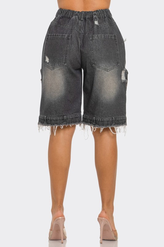 Utility-Chic Frayed Denim Casual Cargo Shorts Athina   