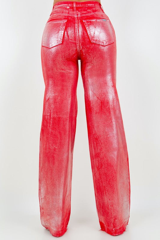 Metallic Wide Leg Jean in Red GJG Denim   