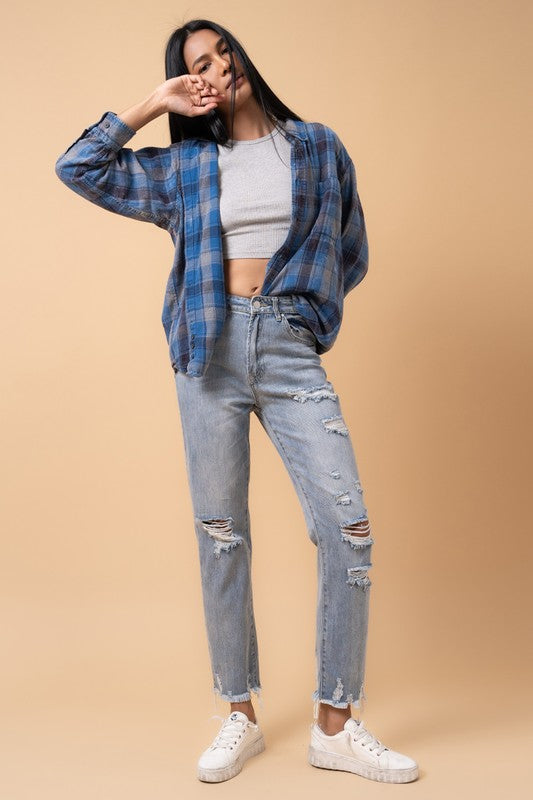 Fray Distressed High Rise Girlfriend Jeans Denim Lab USA   