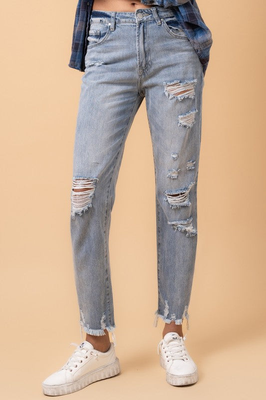 Fray Distressed High Rise Girlfriend Jeans Denim Lab USA   