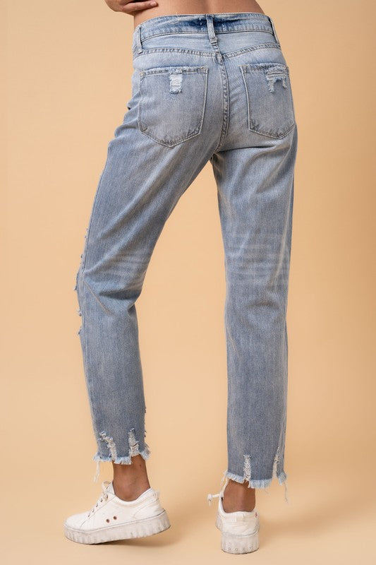 Fray Distressed High Rise Girlfriend Jeans Denim Lab USA   