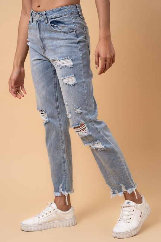 Fray Distressed High Rise Girlfriend Jeans Denim Lab USA   