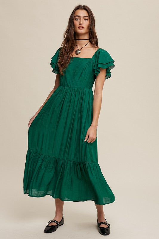 Square Neck Ruffled Short Sleeve Maxi Dress Listicle Dark Spring Green S 