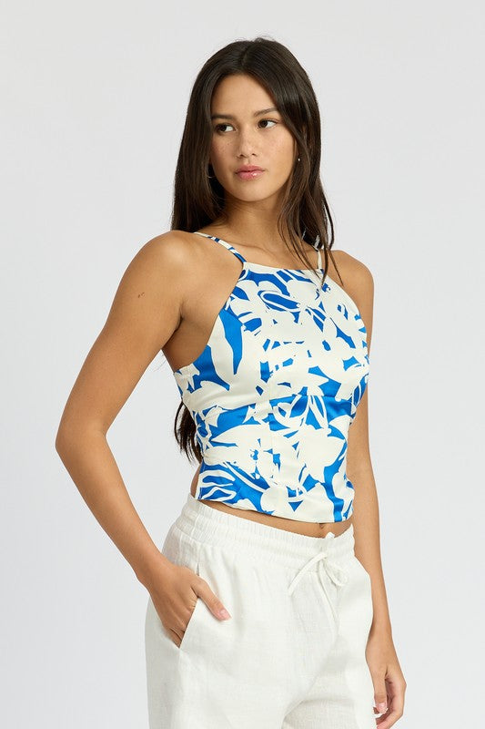 Floral Lace Up Back Halter Neck Top Emory Park   