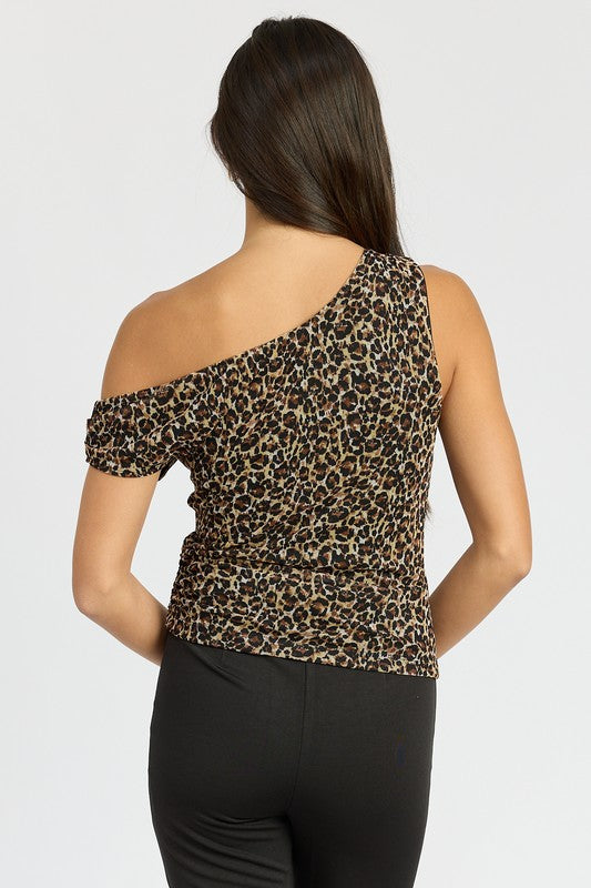 Asymmetrical Shoulder Leopard Print Top Emory Park   