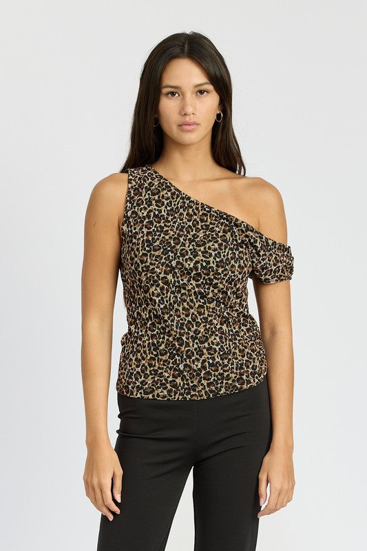 Asymmetrical Shoulder Leopard Print Top Emory Park DARK LEOPARD S 