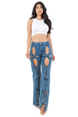 Wavy Cut Out Style Denim Pants By Claude   