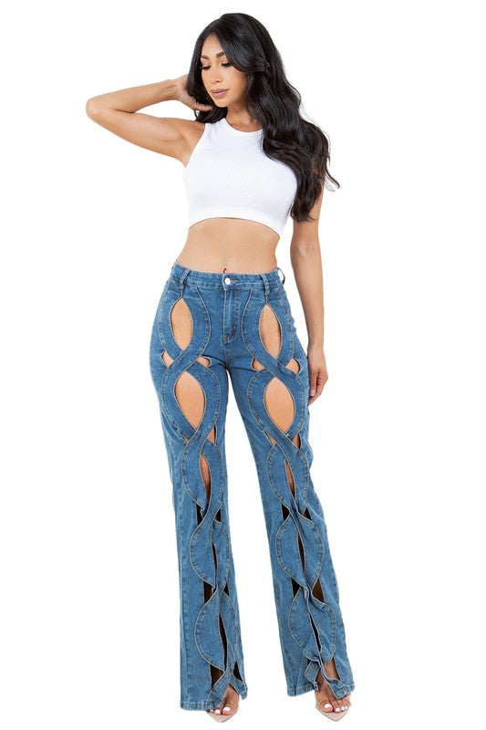 Wavy Cut Out Style Denim Pants By Claude BLUE L 