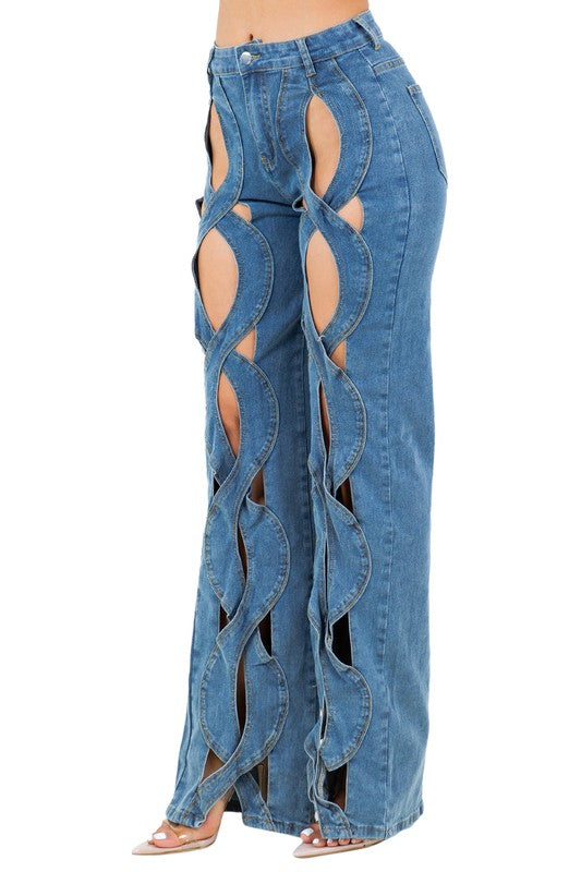 Wavy Cut Out Style Denim Pants By Claude   