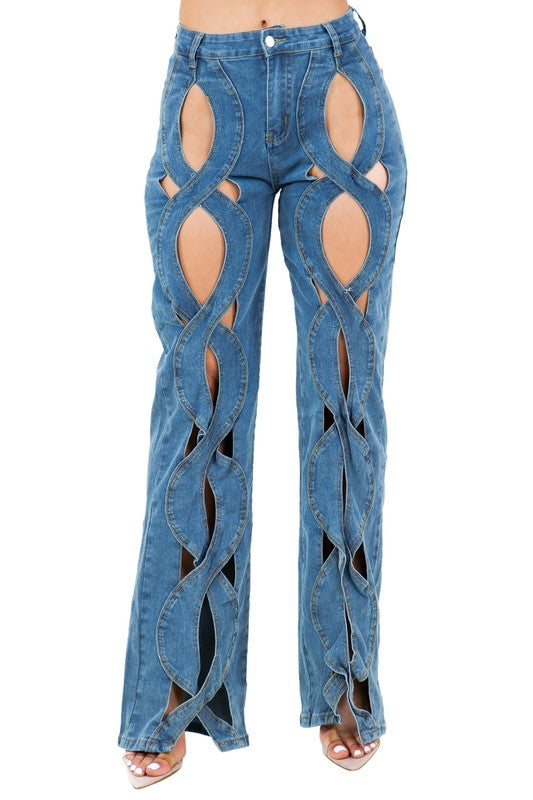 Wavy Cut Out Style Denim Pants By Claude   