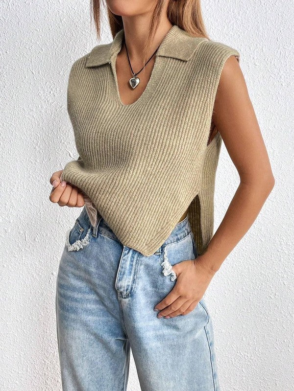 Sleeveless Ribbed Knit Sweater Vest Miss Sparkling khaki S 