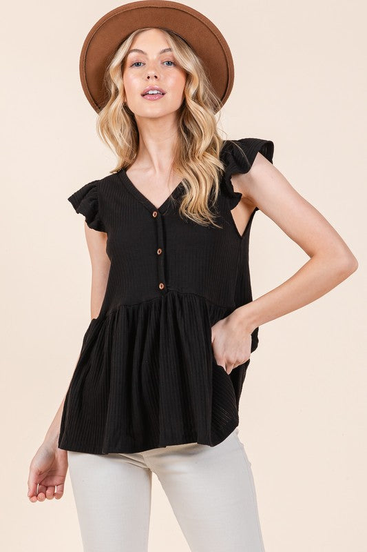 Textured Button Detailed Peplum Top Orange Farm Clothing BLACK S 