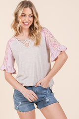 Front Cross Detail Ruffle Sleeve Top Orange Farm Clothing OATMEAL S 