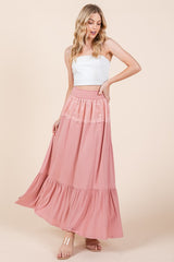 Pink Lace Detailed Boho Ruffle Maxi Skirt Orange Farm Clothing PINK S 