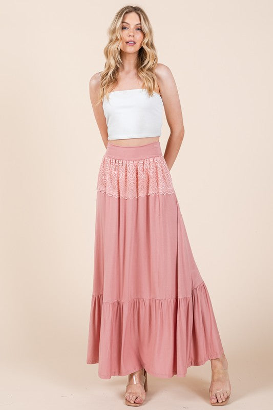 Pink Lace Detailed Boho Ruffle Maxi Skirt Orange Farm Clothing   