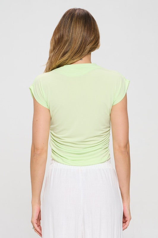 Sage Mock Neck Draped Short Sleeve Ruched Crop Top Renee C.   