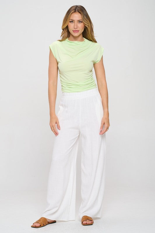 Sage Mock Neck Draped Short Sleeve Ruched Crop Top Renee C.   