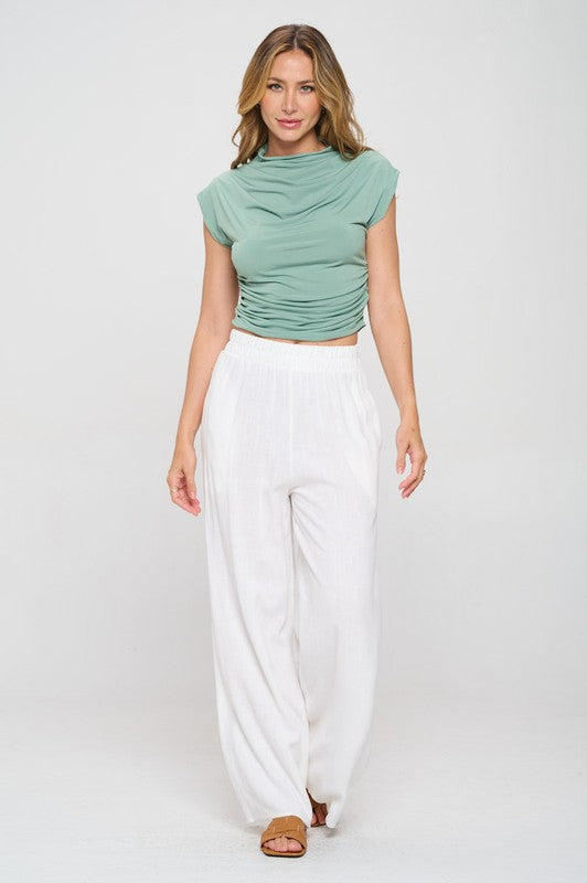 Green Mock Neck Draped Short Sleeve Ruched Crop Top Renee C.   