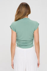 Green Mock Neck Draped Short Sleeve Ruched Crop Top Renee C.   