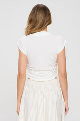 Off White Mock Neck Draped Short Sleeve Ruched Crop Top Renee C.   