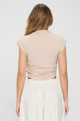 Stone Beige Mock Neck Draped Short Sleeve Ruched Crop Top Renee C.   