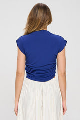 Navy Blue Mock Neck Draped Short Sleeve Ruched Crop Top Renee C.   