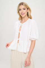 White Linen Tie Front Puff Sleeve Babydoll Top Renee C.   