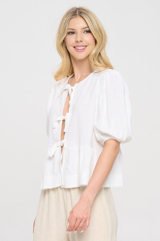 White Linen Tie Front Puff Sleeve Babydoll Top Renee C.   