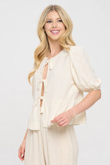 Beige Linen Tie Front Puff Sleeve Babydoll Top Renee C.   