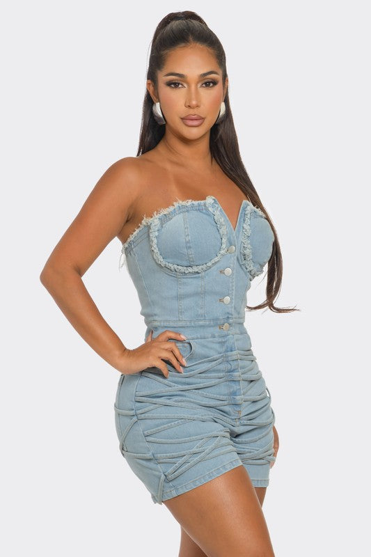 Sweet Heart Neckline Frayed Edge Denim Corset Romper Athina   