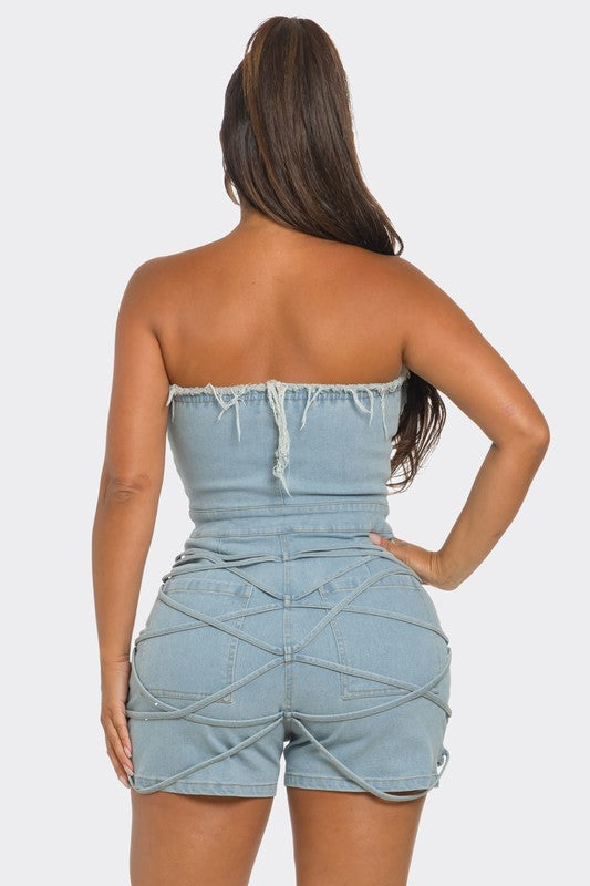 Sweet Heart Neckline Frayed Edge Denim Corset Romper Athina   