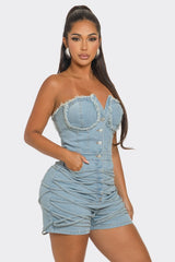 Sweet Heart Neckline Frayed Edge Denim Corset Romper Athina   